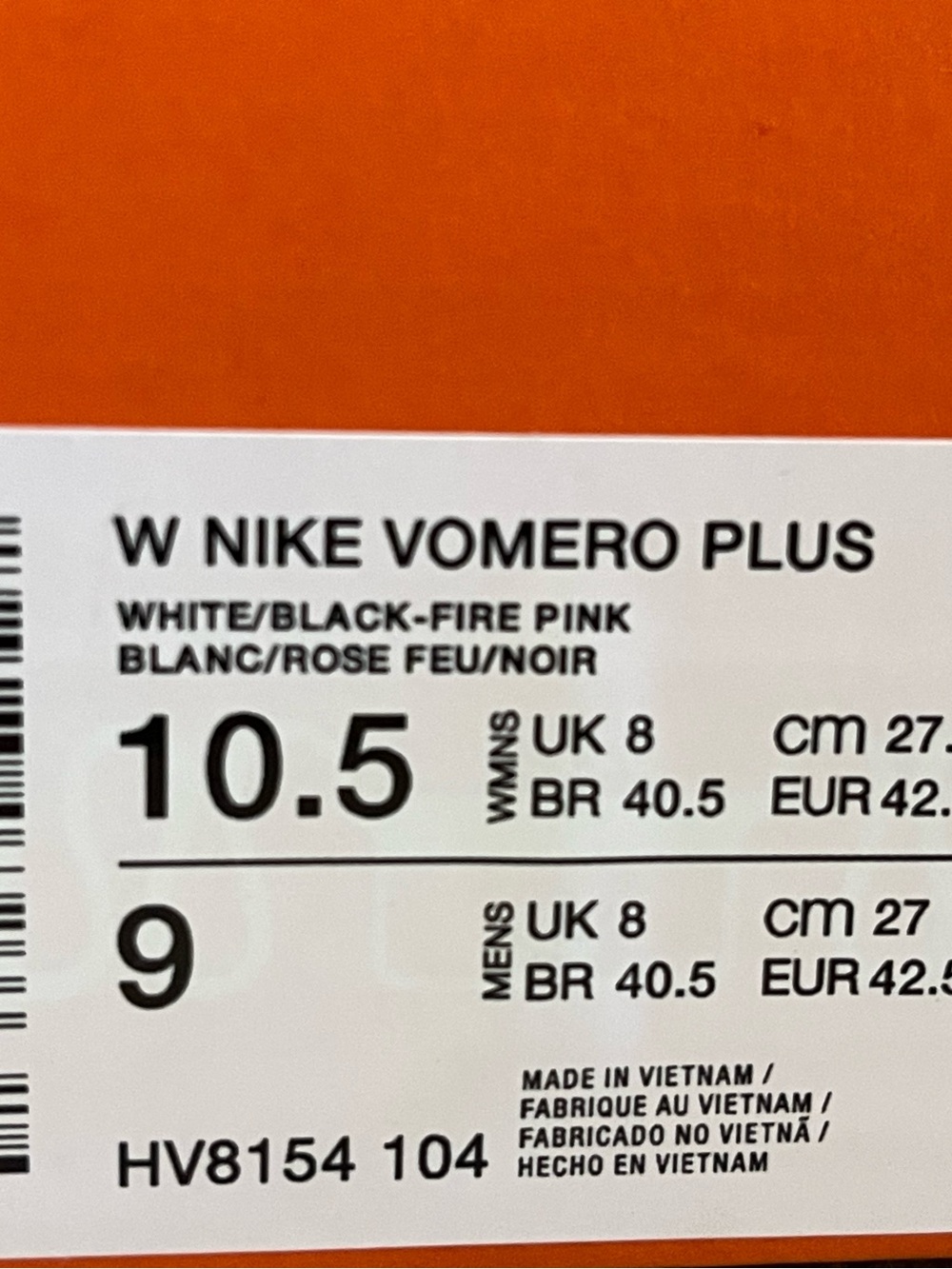 Size 10.5w / 9m - Nike Vomero Plus White Fire Pink HV8154-104 Unisex BRAND NEW - Picture 11 of 11